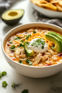A white ceramic bowl on a white marble cooktop, filled with steaming hot white chicken chili. The dish is beautifully garnished with diced avocado, shredded cheese, a dollop of sour cream, and crushed tortilla chips, creating a comforting and delicious meal ready to be enjoyed.