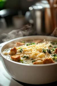 A close-up shot of a steaming bowl of cheesy broccoli soup placed on a rustic wooden table. The soup is topped with extra shredded cheese and crunchy croutons, adding texture and flavor. It is ready to be served and enjoyed as a warm, comforting meal.