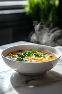 A close-up shot of a steaming bowl of homemade chicken noodle soup placed on a rustic wooden table. The soup is garnished with fresh parsley, enhancing its vibrant color. It is served alongside a plate of Brussels sprouts and salted caramel chocolate chip cookies, creating a cozy and comforting meal.