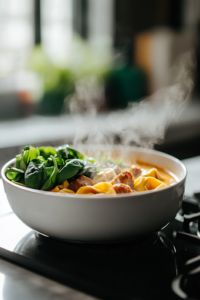 A close-up shot of a steaming bowl of creamy tortellini soup placed on a rustic wooden table. The soup is garnished with fresh spinach leaves, and a slice of crusty bread rests on the side, ready for dipping. The creamy broth contrasts beautifully with the vibrant greens and rich, browned sausage.