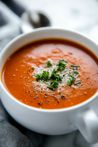 A close-up shot of a steaming bowl of hearty vegetable soup placed on a rustic wooden table. The soup is garnished with fresh parsley, a drizzle of olive oil, and a sprinkle of grated Parmesan cheese. A slice of crusty bread rests on the side, ready to be dipped into the flavorful broth.
