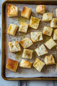 An overhead shot of cubed French bread pieces arranged on a parchment-lined baking sheet, drizzled with olive oil and sprinkled with salt, black pepper, and garlic powder, ready to be baked until golden and crispy.