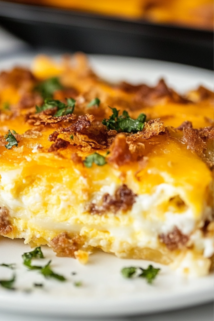 A serving spoon lifting a portion of the finished breakfast casserole from the black slow cooker on a white marble cooktop, showing the gooey cheese, fluffy eggs, and crispy hash browns