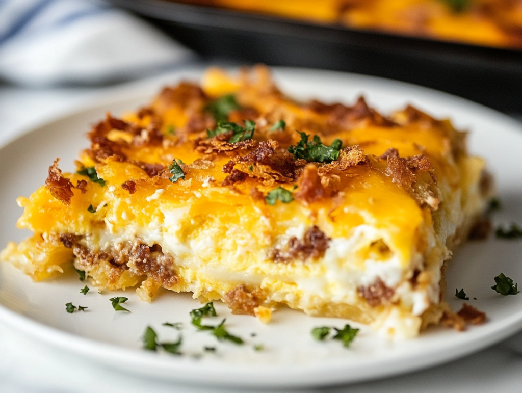 A serving spoon lifting a portion of the finished breakfast casserole from the black slow cooker on a white marble cooktop, showing the gooey cheese, fluffy eggs, and crispy hash browns