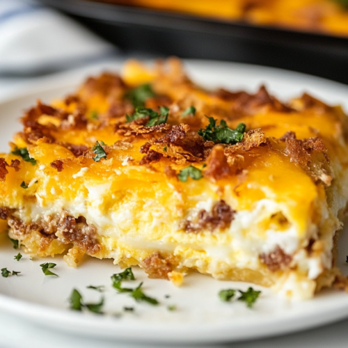 A serving spoon lifting a portion of the finished breakfast casserole from the black slow cooker on a white marble cooktop, showing the gooey cheese, fluffy eggs, and crispy hash browns