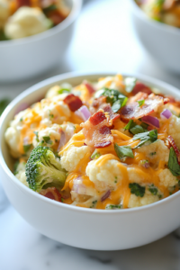 A serving of broccoli cauliflower salad sits in a white ceramic bowl on the white marble cooktop. The vibrant colors of the fresh vegetables, crispy bacon, and creamy dressing make it look appetizing and ready to enjoy.