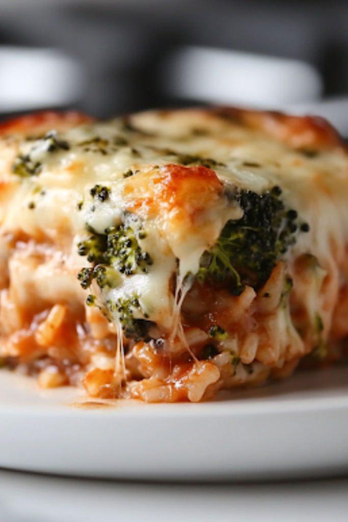 A serving spoon lifts a generous portion of the cheesy casserole from the glass baking dish on the white marble cooktop. Layers of melted cheese, creamy rice, and tender broccoli are visible, with gooey cheese stretching between the layers.
