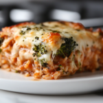 A serving spoon lifts a generous portion of the cheesy casserole from the glass baking dish on the white marble cooktop. Layers of melted cheese, creamy rice, and tender broccoli are visible, with gooey cheese stretching between the layers.