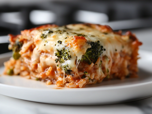 A serving spoon lifts a generous portion of the cheesy casserole from the glass baking dish on the white marble cooktop. Layers of melted cheese, creamy rice, and tender broccoli are visible, with gooey cheese stretching between the layers.