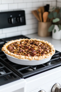A golden-brown sweet potato pie with bubbling caramelized pecan topping, fresh out of the oven. The glossy topping glistens under warm kitchen lighting