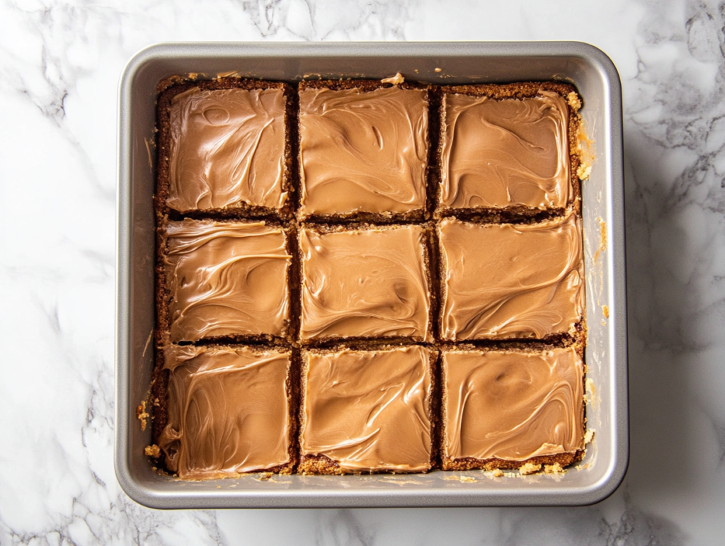 Warm caramel frosting being poured over cooled cookie bars, with a spatula spreading it evenly