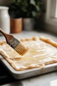 A pastry brush applying melted butter evenly over the rolled-out puff pastry, leaving a small border around the edges