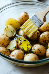 A close-up shot of a glass bowl filled with extra virgin olive oil sitting on the white marble cooktop. A brush lightly glides over each baking potato, coating them evenly with a glossy sheen to help crisp up the skin during cooking.