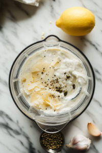 A close-up shot of a blender on a marble countertop filled with creamy Greek yogurt, shaved Parmesan cheese, garlic, capers, Dijon mustard, lemon juice, zest, and black pepper, all ready to be blended into Caesar dressing. A spoon rests beside the blender, showcasing the ingredients.