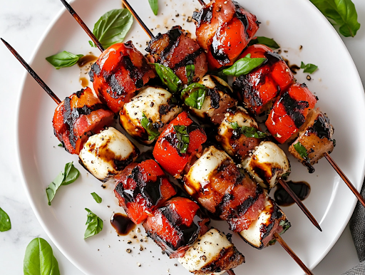 A close-up shot of the final caprese bacon skewers dish, beautifully drizzled with balsamic glaze and sprinkled with fresh cracked black pepper, served on a plate with a glossy sheen from the oil and pesto, all set on the white marble cooktop, ready to be enjoyed.