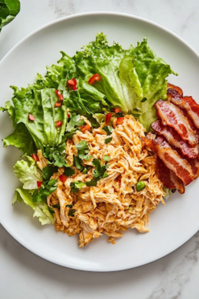 A white ceramic plate on a white marble cooktop is beautifully plated with creamy curry chicken salad, crisp lettuce wraps, and crispy bacon slices on the side, ready to be served.