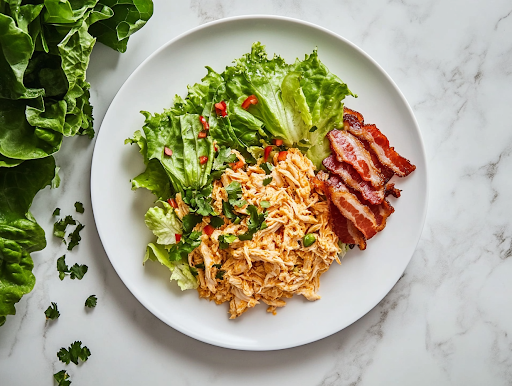 A white ceramic plate on a white marble cooktop is beautifully plated with creamy curry chicken salad, crisp lettuce wraps, and crispy bacon slices on the side, ready to be served.