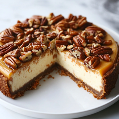 The finished carrot cake cheesecake, topped with caramelized pecans and ready to be served."