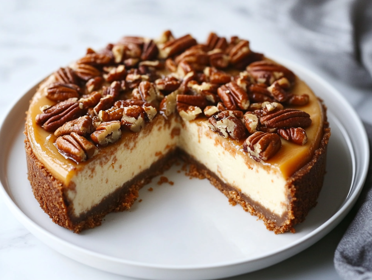 The finished carrot cake cheesecake, topped with caramelized pecans and ready to be served."