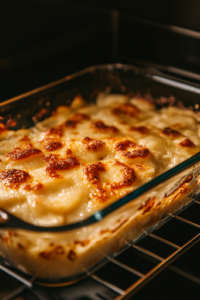 Inside the oven at 350°F, the casserole is baking as the cheese begins to melt and bubble. The edges are turning golden brown, filling the kitchen with a delicious aroma.