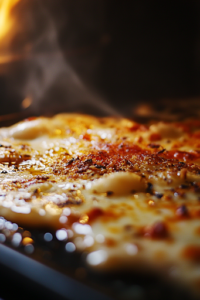 Inside the oven, the casserole is baking at 350°F. The cheese topping is melting, bubbling, and starting to turn golden brown around the edges, indicating it’s almost ready.