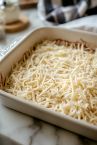 The baking dish now has a generous layer of shredded Colby Jack cheese evenly spread over the creamy chicken and rice mixture. The dish is prepped and ready to go into the oven.