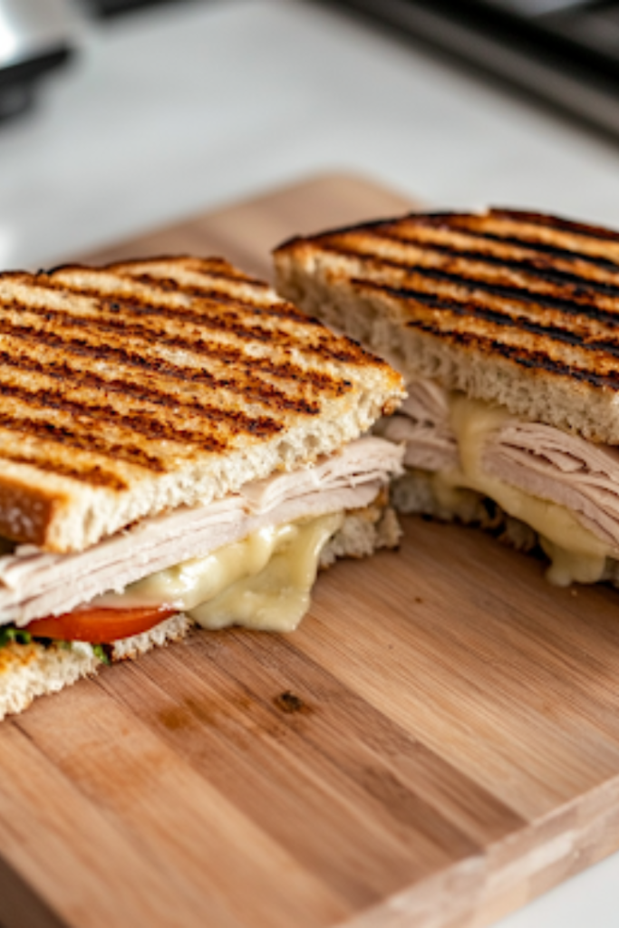 A fully grilled Turkey and Pepper Jack sandwich, sliced in half on a wooden cutting board over the white marble cooktop. The melted cheese stretches between the layers, while the crispy golden bread glistens from the buttery grilling.