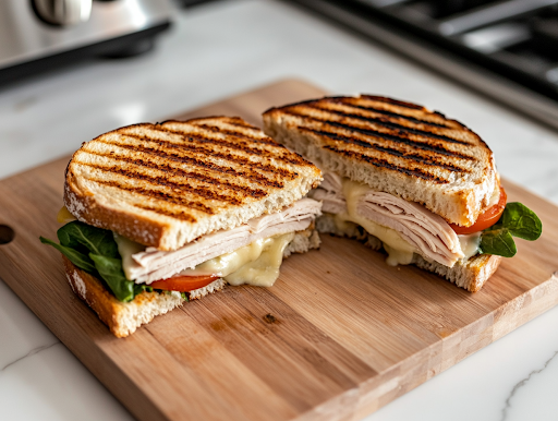 A fully grilled Turkey and Pepper Jack sandwich, sliced in half on a wooden cutting board over the white marble cooktop. The melted cheese stretches between the layers, while the crispy golden bread glistens from the buttery grilling.