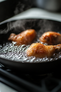 Golden-brown chicken pieces sizzling in hot oil inside a deep black skillet on a white marble cooktop. Bubbles surround the crispy coating as the chicken fries to perfection.