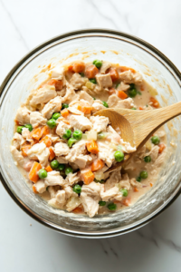 A glass mixing bowl on a white marble cooktop, filled with chopped cooked chicken, cream of chicken soup, and thawed mixed vegetables. A wooden spoon is seen stirring the ingredients together until they are well combined, creating a creamy and colorful filling.