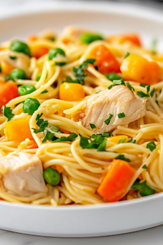 A serving spoon lifts a generous portion of Chicken Pot Pie Noodle Skillet from the black skillet on the white marble cooktop. The creamy noodles, tender chicken, and colorful vegetables glisten, ready to be served.