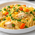 A serving spoon lifts a generous portion of Chicken Pot Pie Noodle Skillet from the black skillet on the white marble cooktop. The creamy noodles, tender chicken, and colorful vegetables glisten, ready to be served.