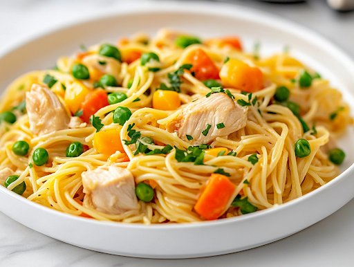 A serving spoon lifts a generous portion of Chicken Pot Pie Noodle Skillet from the black skillet on the white marble cooktop. The creamy noodles, tender chicken, and colorful vegetables glisten, ready to be served.