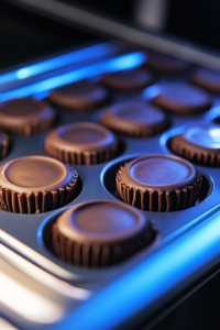 A baking tray with patty pans on the white marble cooktop, placed carefully in the fridge. The chocolate is setting and hardening, with a cool blue light highlighting the process.