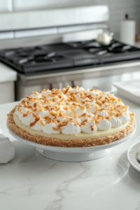 The finished coconut cream pie, chilled and ready to serve, garnished with coconut shavings and placed on a decorative plate on the white marble cooktop.