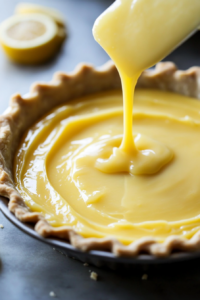 Close-up shot of the saucepan on medium-high heat, with a whisk stirring the thick, glossy lemon curd as it bubbles. Steam rises, and a hint of yellow food coloring is swirled in