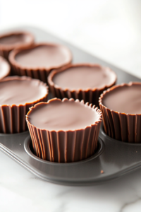 A baking tray with patty pans on the white marble cooktop, placed carefully in the fridge. The chocolate is setting and hardening, with a cool blue light highlighting the process.