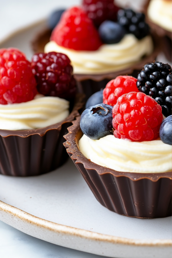 The finished chocolate cups on a plate, with cream cheese filling piped inside and topped with fresh mixed berries (strawberries, blueberries, raspberries, and blackberries). The cups are set on the white marble cooktop, ready to be refrigerated