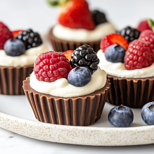 The finished chocolate cups on a plate, with cream cheese filling piped inside and topped with fresh mixed berries (strawberries, blueberries, raspberries, and blackberries). The cups are set on the white marble cooktop, ready to be refrigerated