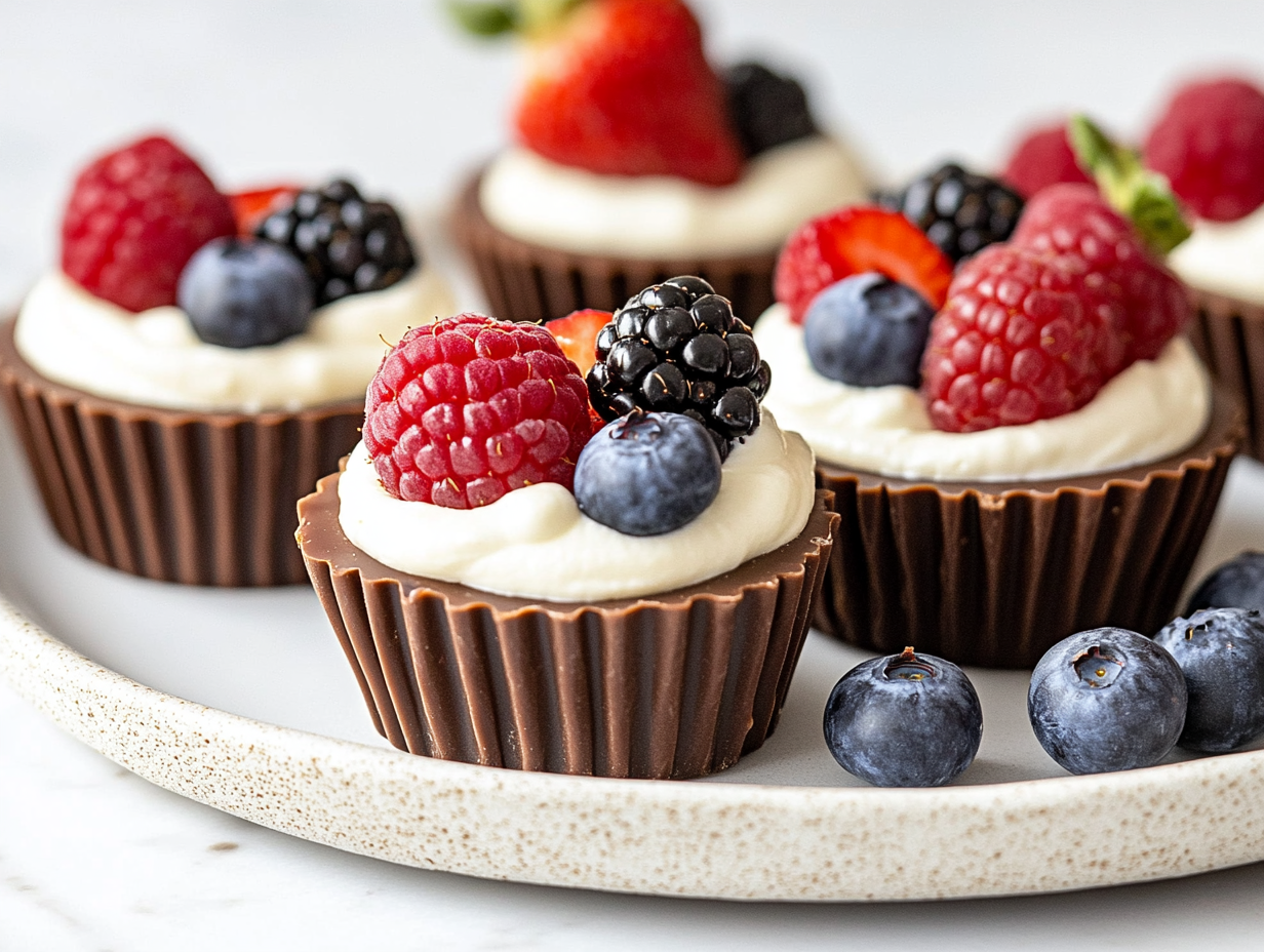 The finished chocolate cups on a plate, with cream cheese filling piped inside and topped with fresh mixed berries (strawberries, blueberries, raspberries, and blackberries). The cups are set on the white marble cooktop, ready to be refrigerated