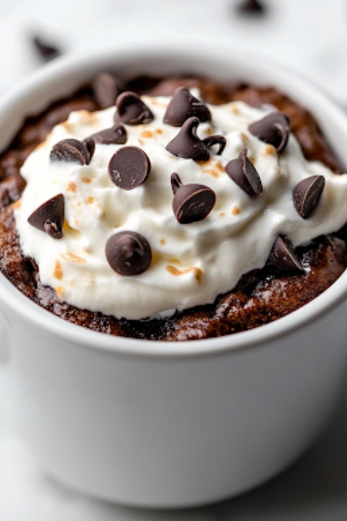 A chocolate mug cake served next to a glass of Iced Sugar Cookie Almond Milk Latte on a white marble cooktop. The rich, chocolatey dessert and the creamy, iced drink create an indulgent and inviting pairing.
