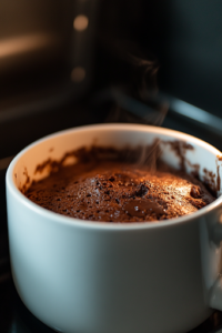 A white ceramic mug inside a microwave, with the chocolate cake visibly rising as it cooks. The microwave light highlights the rich texture of the cake as it sets and expands.