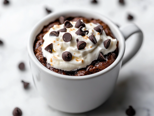 A chocolate mug cake served next to a glass of Iced Sugar Cookie Almond Milk Latte on a white marble cooktop. The rich, chocolatey dessert and the creamy, iced drink create an indulgent and inviting pairing.