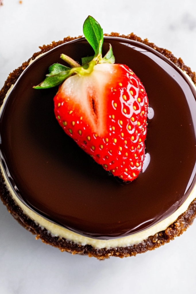 A mini strawberry cheesecake topped with a glossy chocolate ganache layer and a fresh strawberry. The cheesecakes are arranged neatly on a serving plate.