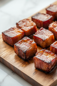 A close-up shot of crispy cooked bacon slices cut into small square pieces on a wooden cutting board over the white marble cooktop, with each golden-brown piece neatly arranged, showcasing its crunchy texture and rich color.