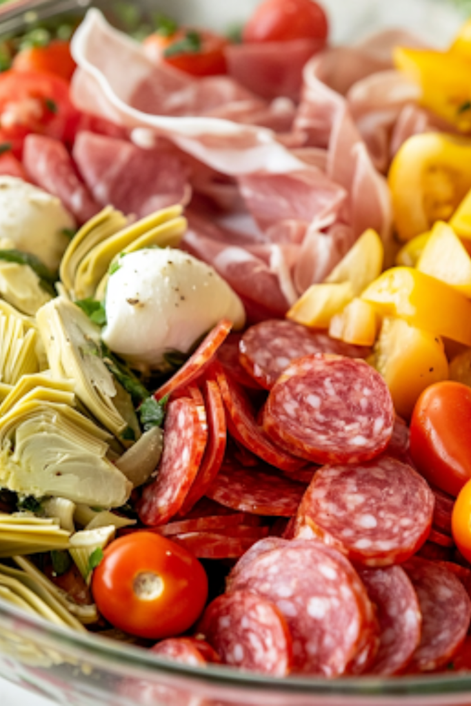 A close-up of a wooden spoon gently tossing the vibrant antipasto salad in a glass bowl over a white marble cooktop, blending all the flavors together for a delicious, well-balanced dish.