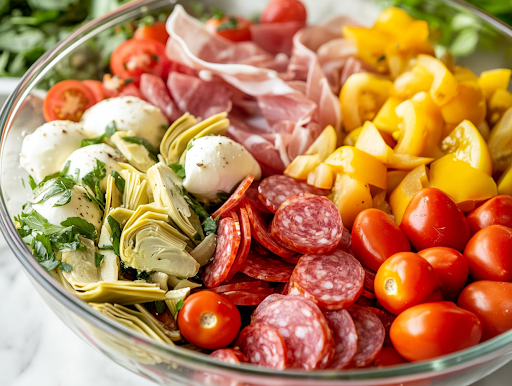 A close-up of a wooden spoon gently tossing the vibrant antipasto salad in a glass bowl over a white marble cooktop, blending all the flavors together for a delicious, well-balanced dish.