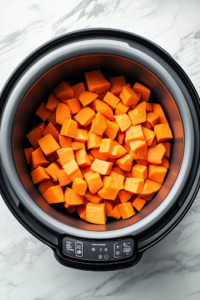 A close-up shot of freshly peeled and chopped sweet potatoes, cut into medium-sized cubes, as they are placed into the black slow cooker on a white marble cooktop. The vibrant orange sweet potatoes create a striking contrast against the dark interior of the slow cooker.