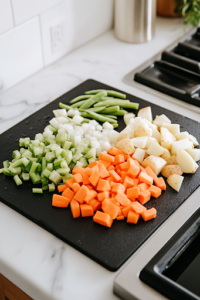 A close-up shot of a black cutting board on a white marble cooktop, displaying freshly diced onions, carrots, celery, peeled Russet potatoes, and chopped green beans. A sharp chef’s knife rests nearby, highlighting the vibrant colors of the vegetables, ready to be added to the slow cooker.