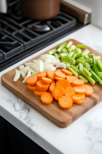 A close-up shot of a wooden cutting board placed on a white marble cooktop, with freshly sliced carrots, onions, and celery neatly arranged in separate sections. The vibrant colors of the vegetables stand out, ready to be added to the slow cooker for a flavorful soup base.